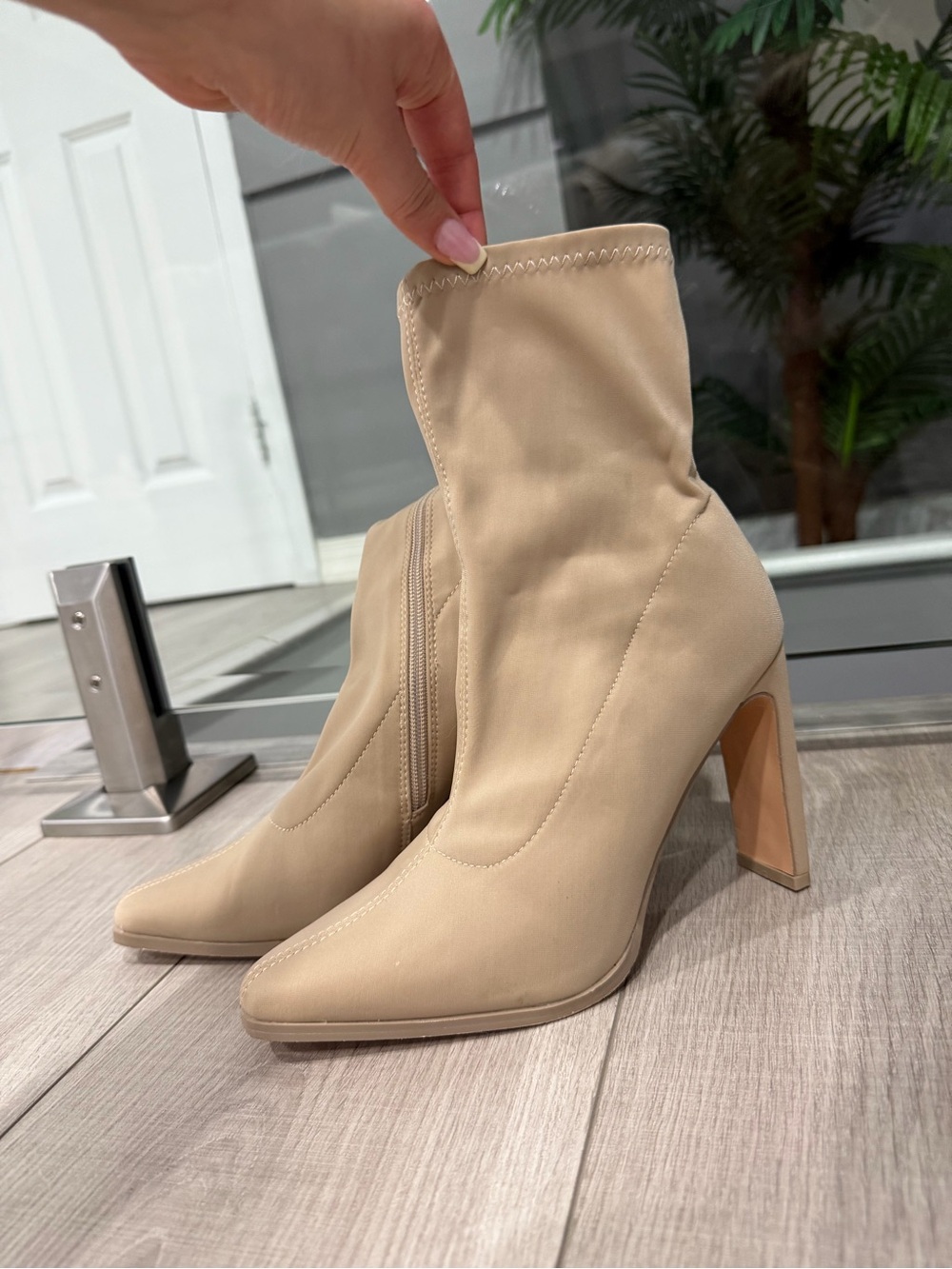Neutral Beige Sock Booties with Block Heel
